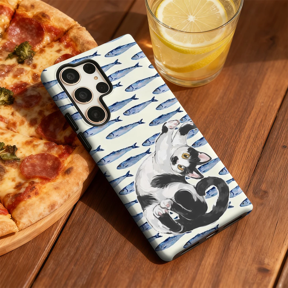 Funda de teléfono divertida con diseño de gato y pez para Samsung Galaxy S25 Ultra S24 S23 Ultra Plus, funda trasera de doble capa a prueba de golpes