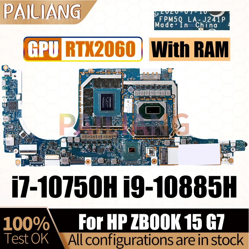 For HP ZB00K 15 G7 Notebook Mainboard LA-J241P i7-10750H i9-10885H RTX2060 With RAM Laptop Motherboard Full Tested