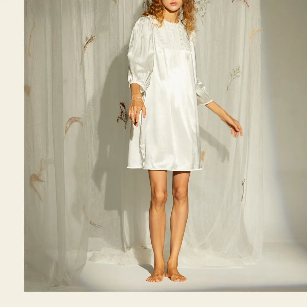 100 Mulberry Silk French Elegance Night Dress Women Summer Lace Short Robe Princess Sleepwear Vintage Nightgowns Vacation Dress
