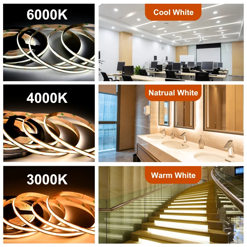 12V/24V 16.4ft Cob Flexible Cool White, Natural Light, Warm,LED Strip Light, Cabinet, Bar, Counter, Living Room