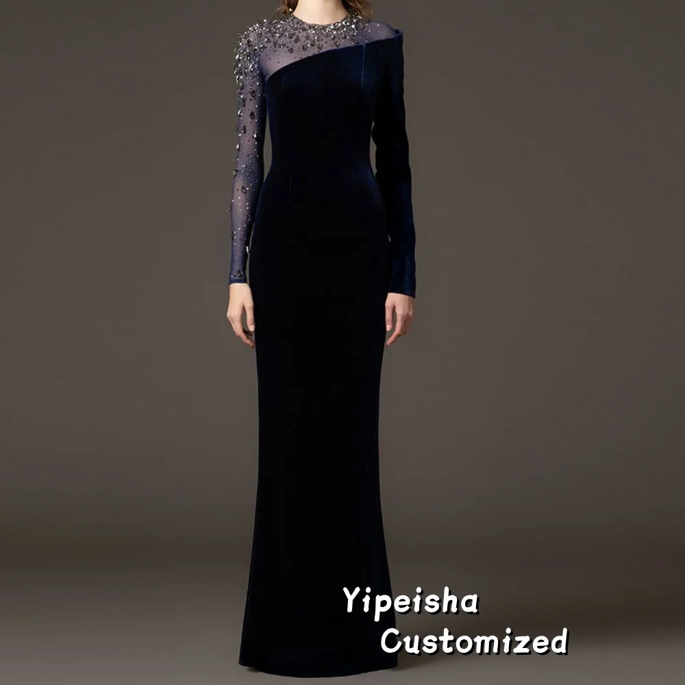 

Велюровое вечернее платье с длинными рукавами и круглым вырезом по индивидуальному заказу, расшитое кристаллами и бисером длиной до пола, платье для выпускного вечера в Саудовской Аравии для особых случаев