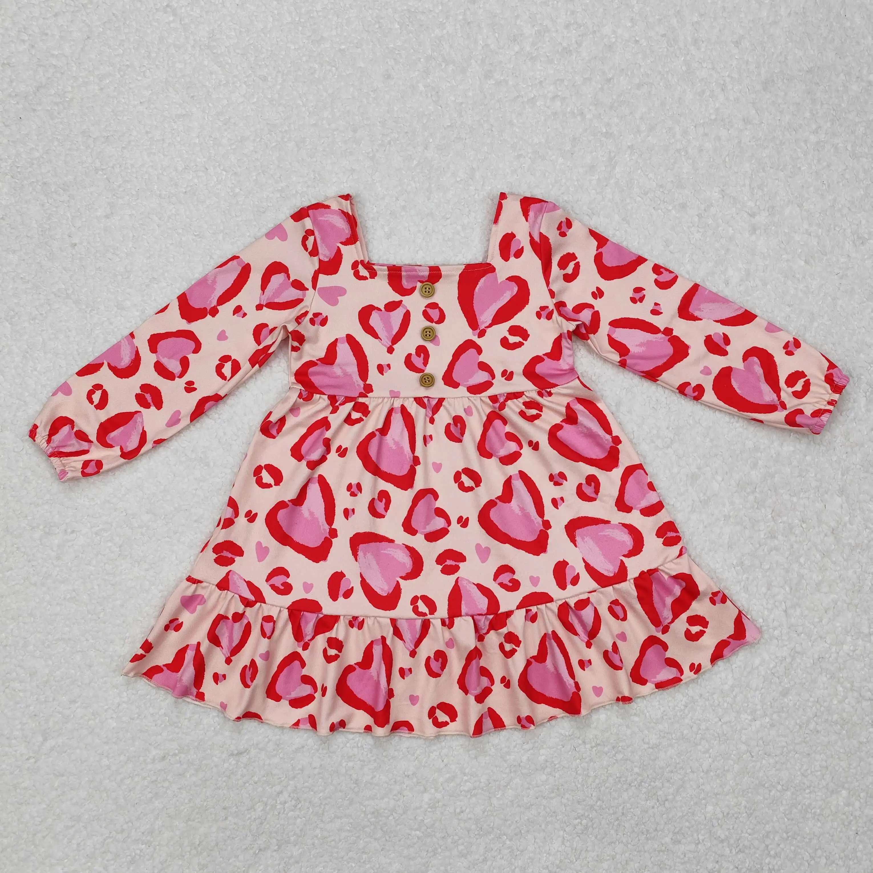 

New rts Baby Toddler Girls Valentine's Day Long Sleeve Dress Wholesale Boutique Fashion Pink Love Beige Girls Long Sleeve Dress