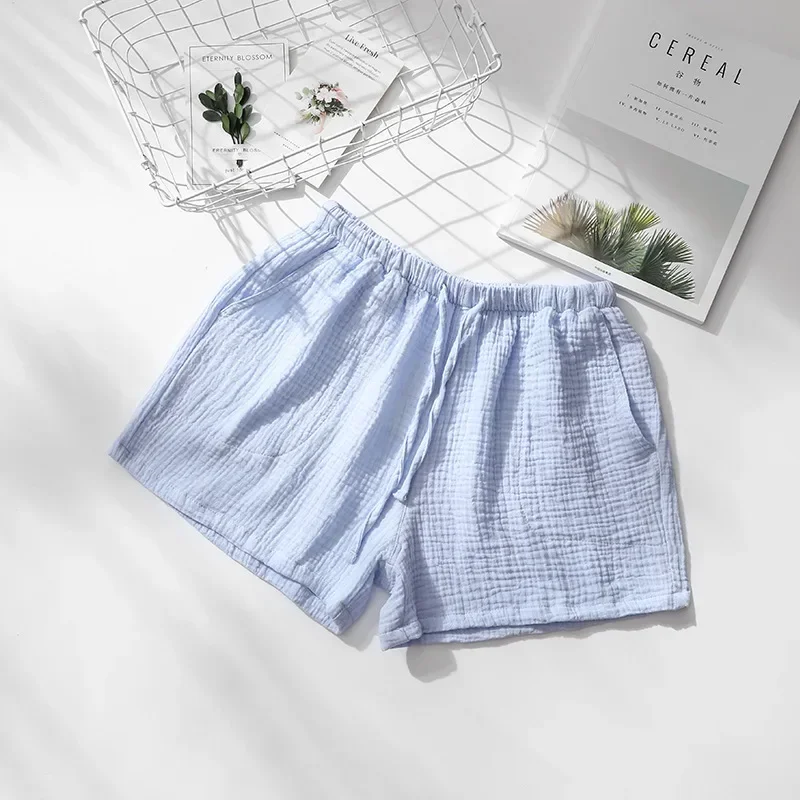 Verão casal calças de dormir algodão crepe pijamas para homens e mulheres pijama shorts cintura elástica sleep bottoms shorts de dormir