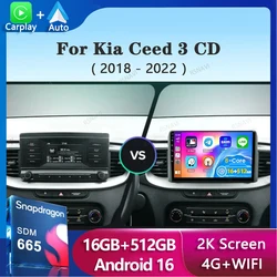 Android 16 WIFI+4G Carplay Auto Car Radio For Kia Ceed 3 CD 2018-2022 Multimedia Video Player Navigation Stereo DSP GPS No 2din