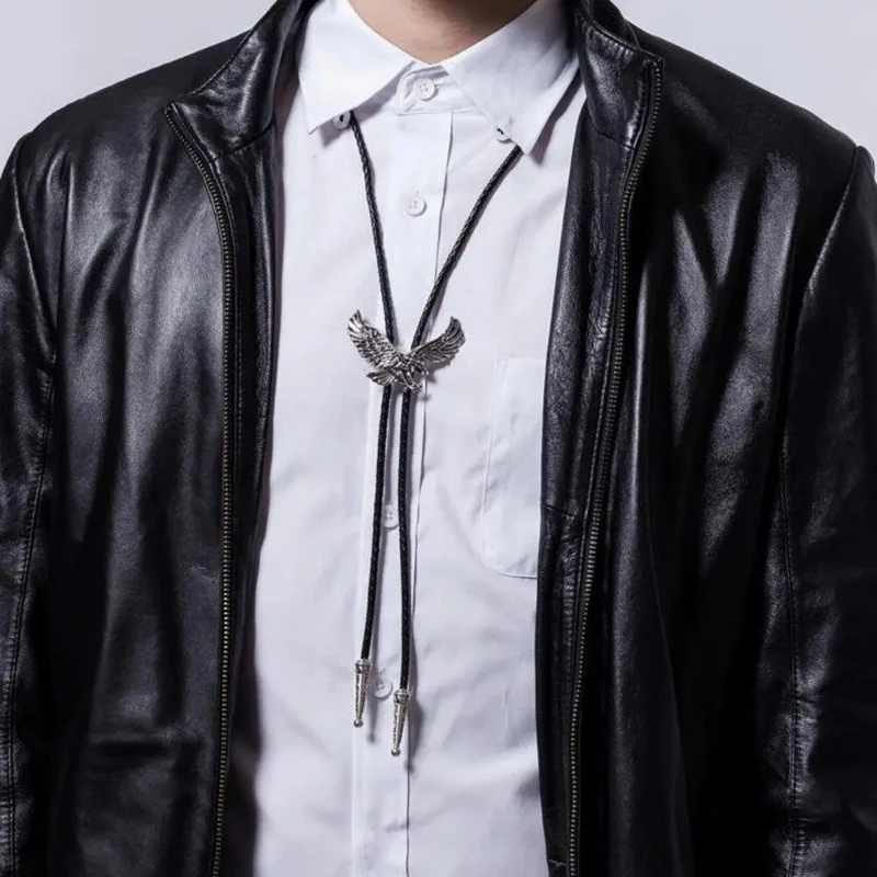 Metal Eagle and Leather Rope Mens Tie Necklace Jewelry Popular Western Cowboy Shirt Bolo Bow Necktie