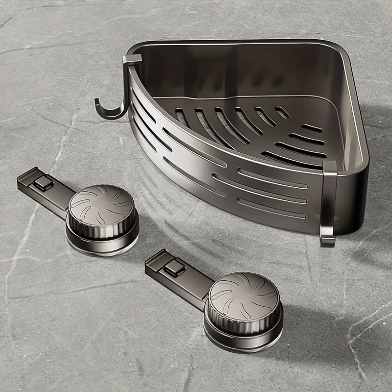 Space-Saving Suction Cup Bathroom Shelf - No Drilling Required, Strong Triangular Rack with Hooks, Suitable for Shower And Toile