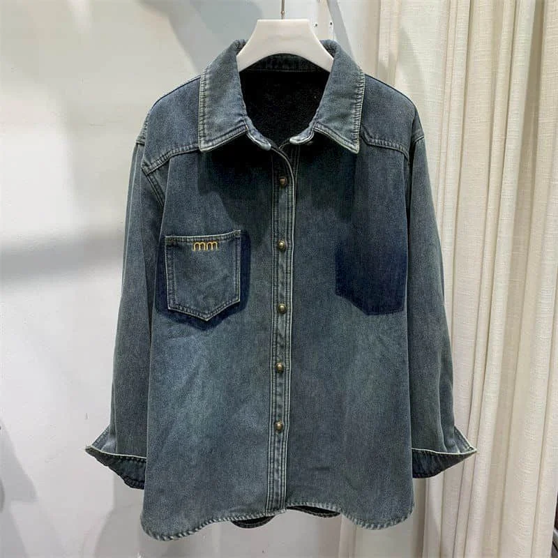 

Denim Shirts for Women Vintage Long Sleeved Plush Brushed Polo-neck Casual Loose Fit Coats Korean Style Retro Blouse Women Tops