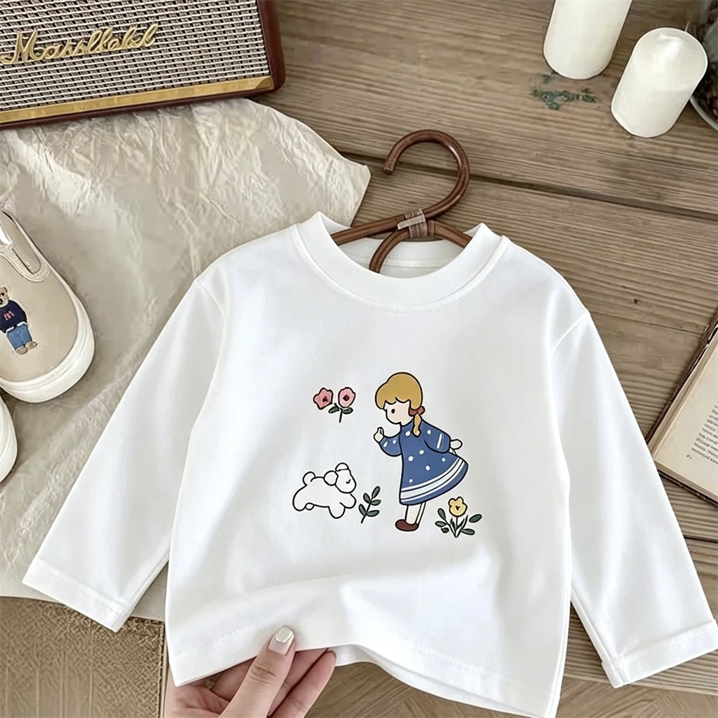 Girls Long-sleeved Tops Loose Casual 2026 Spring Clothes Pure Cotton Round Neck Base Shirt Kids Simple Versatile Base Shirt