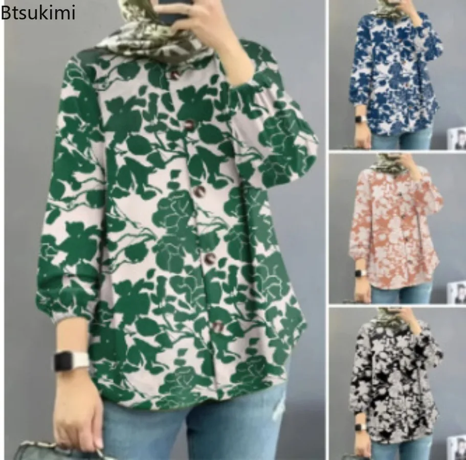 

Muslim Fashion Women Vintage Printed Shirt Long Sleeve O-neck Blouse Casual Loose Holiday Tops Islamic Clothing Blusas De Mujer