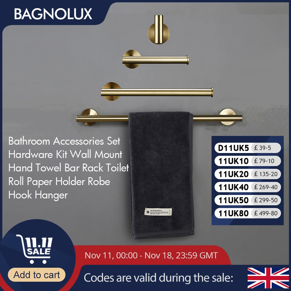 Brushed Gold Bathroom Accessories Set Hardware Kit Wall Mount Hand Towel Bar Rack Toilet Roll Paper Holder Robe Hook Hanger