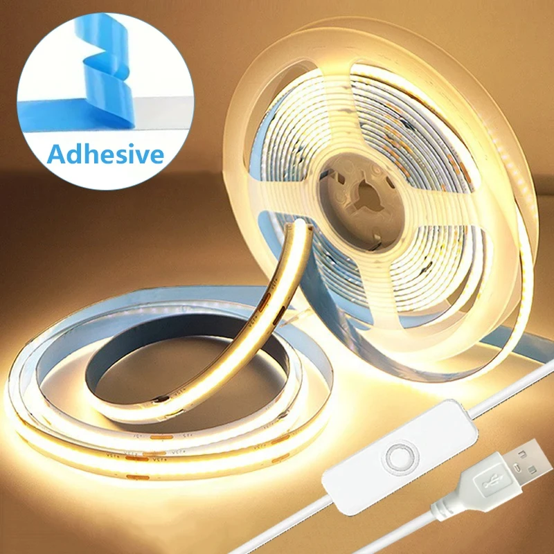 USB Button Switch COB LED Strip Light High Brightness Flexible Strip Lamp For TV Backlight Bedroom Study Room Decor Lighting