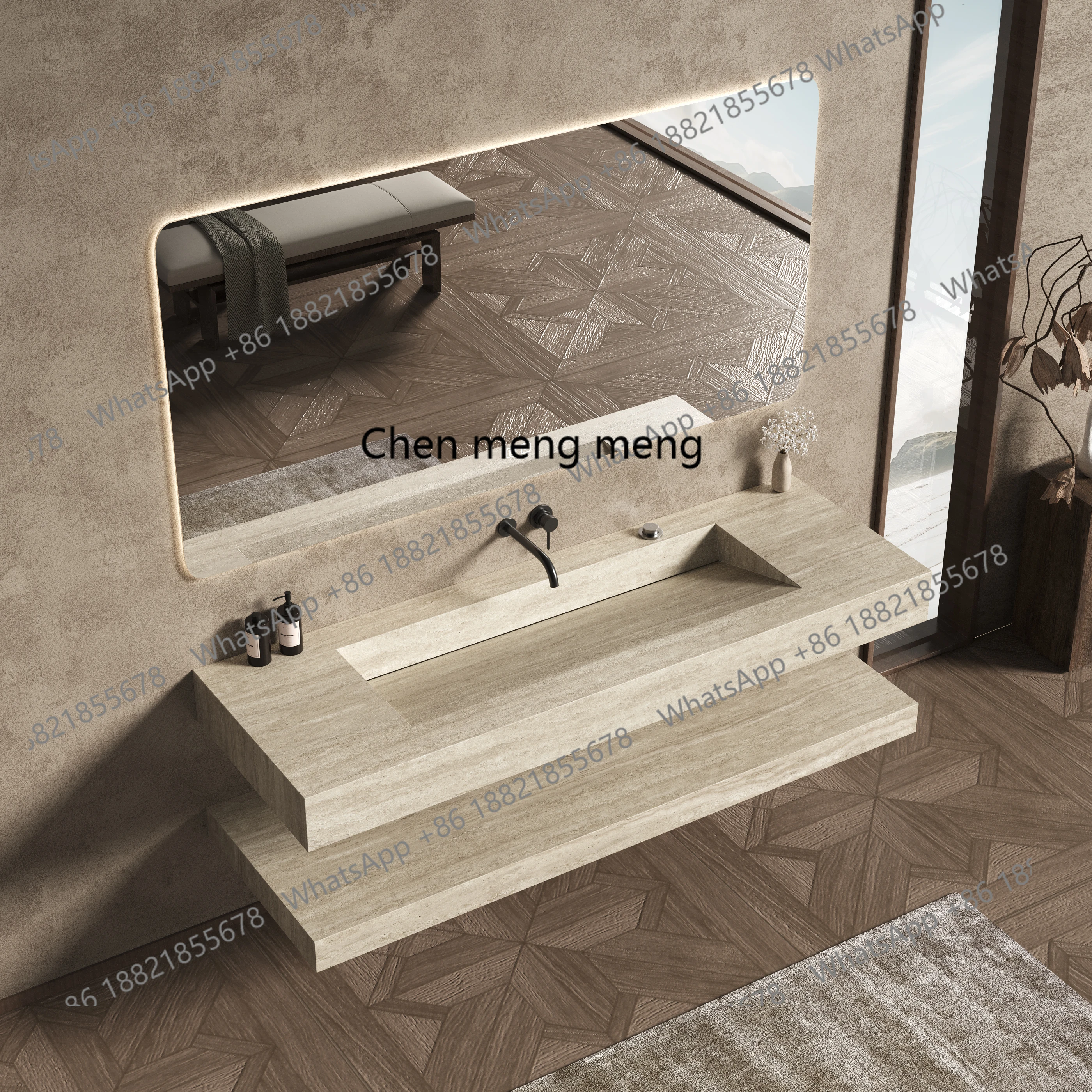 حوض حمام بدون خياطة، مزيج من حوض غسيل الترافرتين، حوض غسيل، حوض غسيل مزدوج للفندق