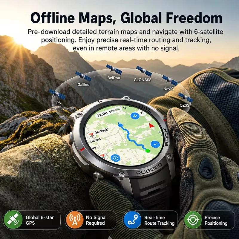 2026 Military Satellite Offline Map GPS Smart Watch Men 1.43''AMOLED Bluetooth Call Compass 5ATM Waterproof 170+Sport Smartwatch