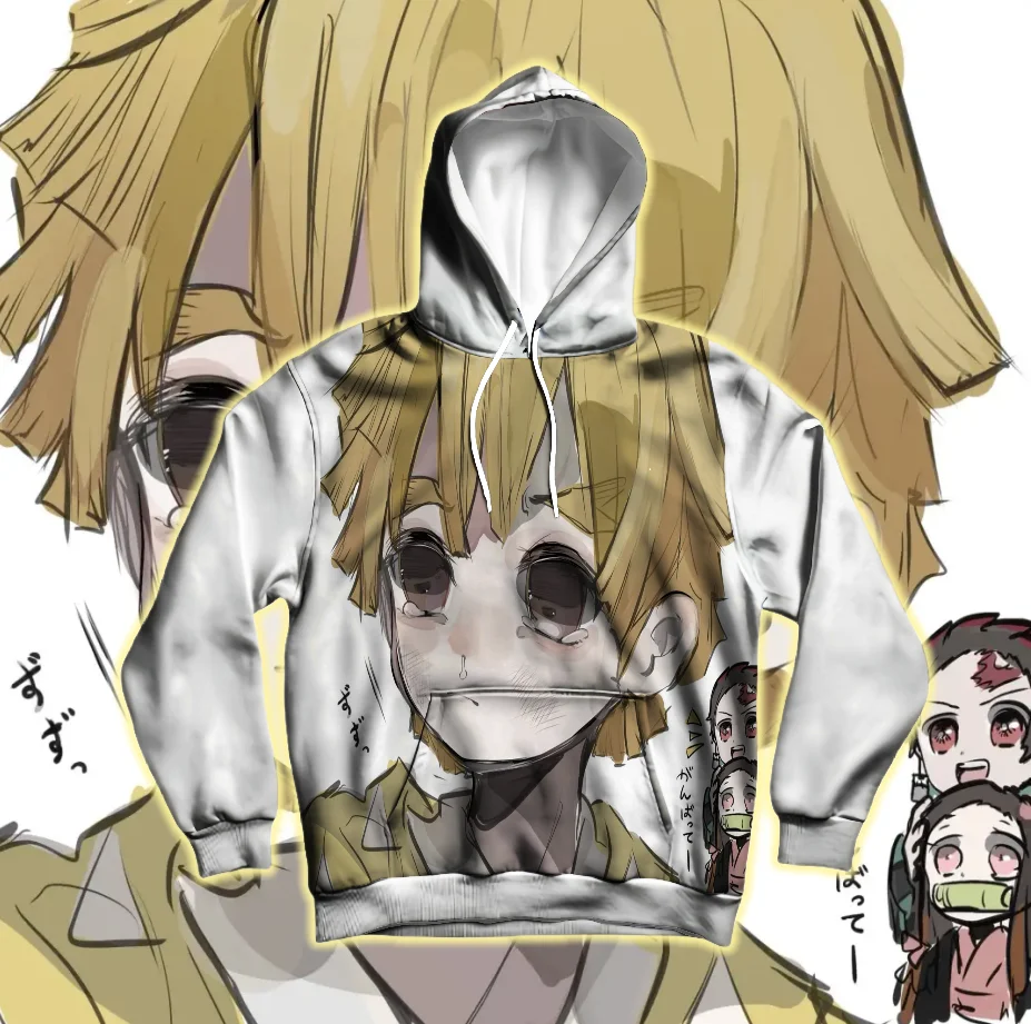 

25-26 Agatsuma Zenitsu Demon Slayer: Kimetsu No Yaiba-Infinity Castle 3D Толстовка с капюшоном в стиле аниме с длинными рукавами и веером, повседневная модная уличная одежда