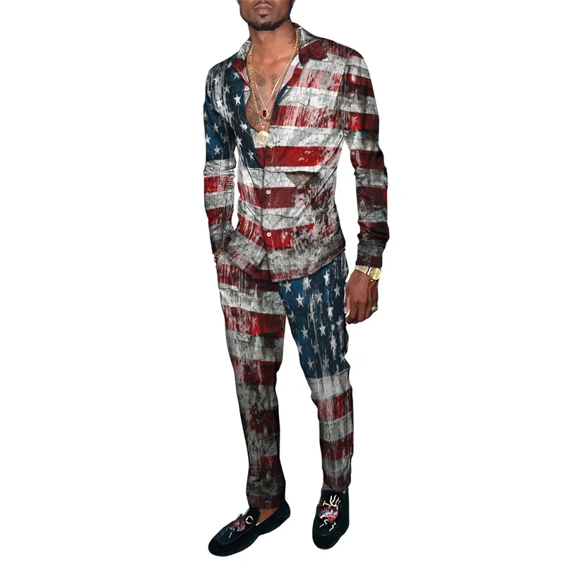 Vintage USA Flag 3D Print Men Harajuku Casual Clothing Suits Tracksuit Long Sleeve Shirt Long Pants Two Piece Sets Clothing