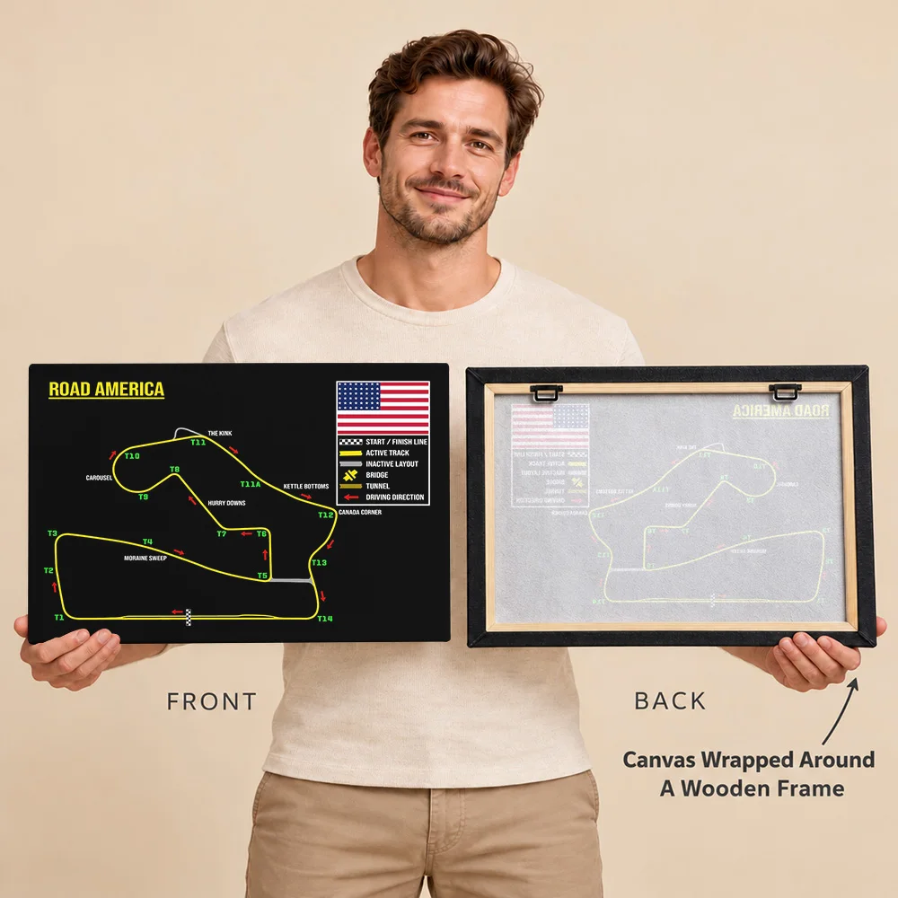 Road America Race Track Map Wood Framed Canvas Print Personalized Photo Annotated Linework Wall Art For Study Collector Gift