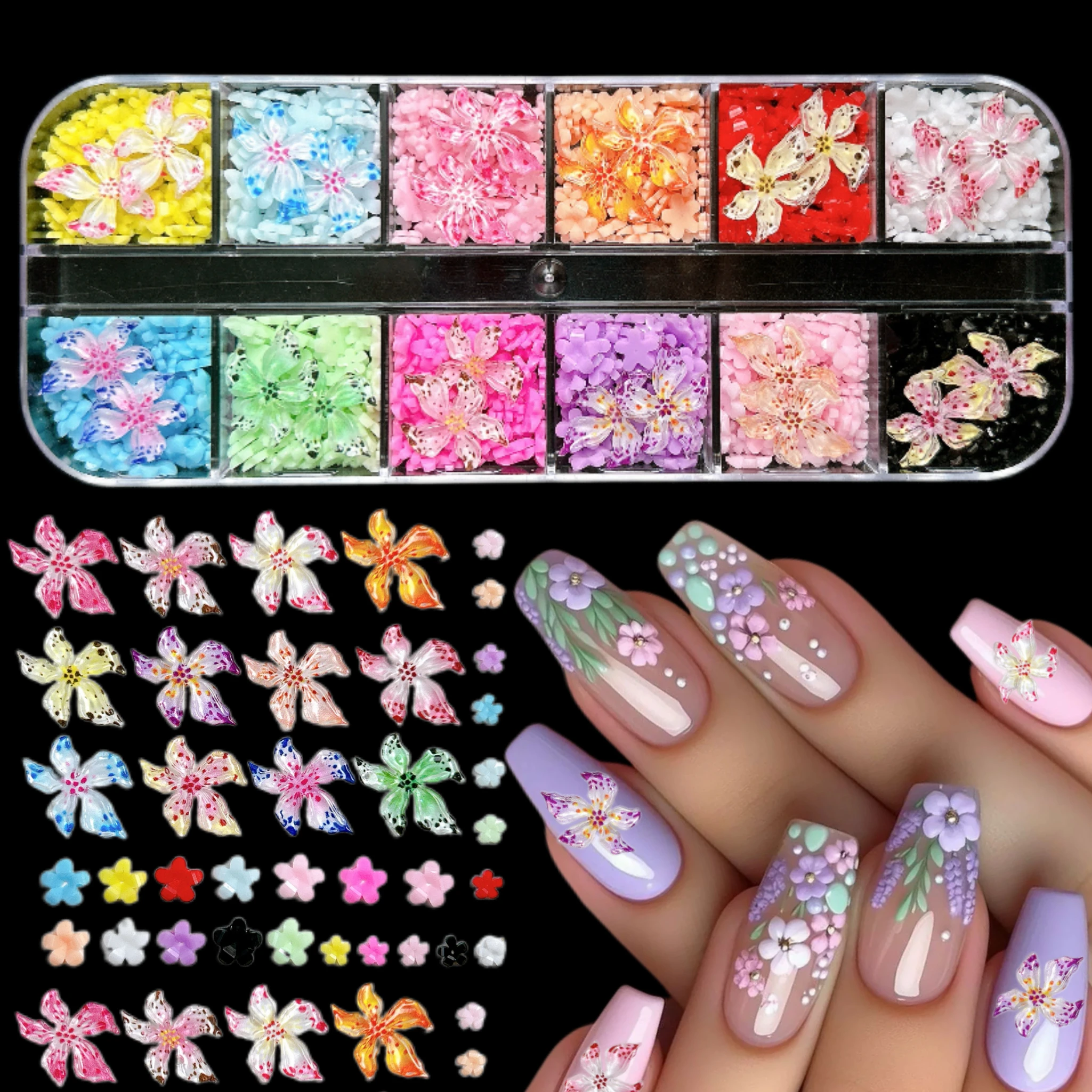 1 Box Mini Blumen Muschel Seestern Nagel Charms 3D Farbverlauf Schleife Simulierte Perlen Gemischte Nail Art Dekorationen für DIY Nägel