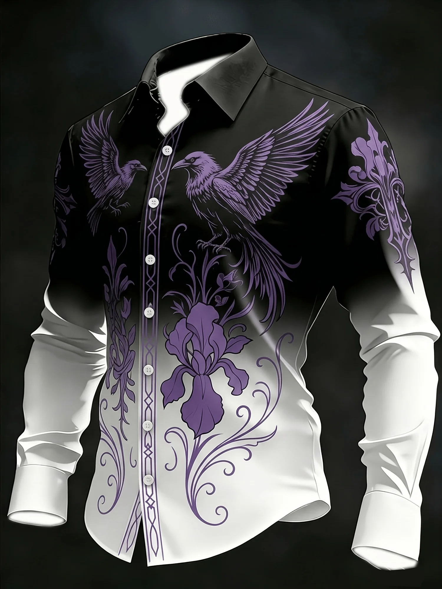 Dark Style Men Lapel Collar Shirt Black White Ombre Purple Crow Floral Scroll Print Polyester Long-Sleeve Blouse