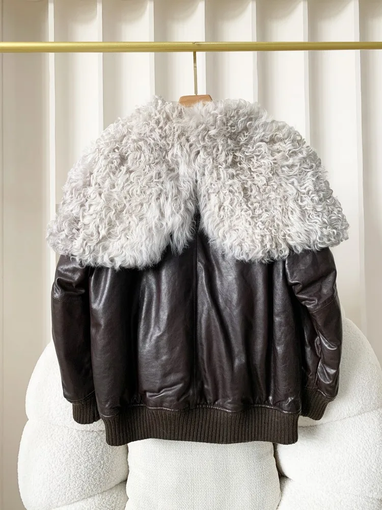 Winter Women Genuine Leather Down Coat Luxury Lambswool Collar Loose Fit Casual Jacket Thicken Warm Vintage Sheepskin Outerwear