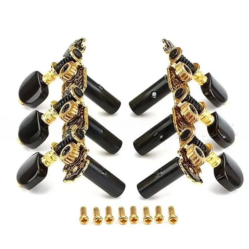 Black Gold 3+3 Classical Guitar Tuning Pegs Machine Heads Ornate Floral Engraved Base Black Buttons With Mounting Screws