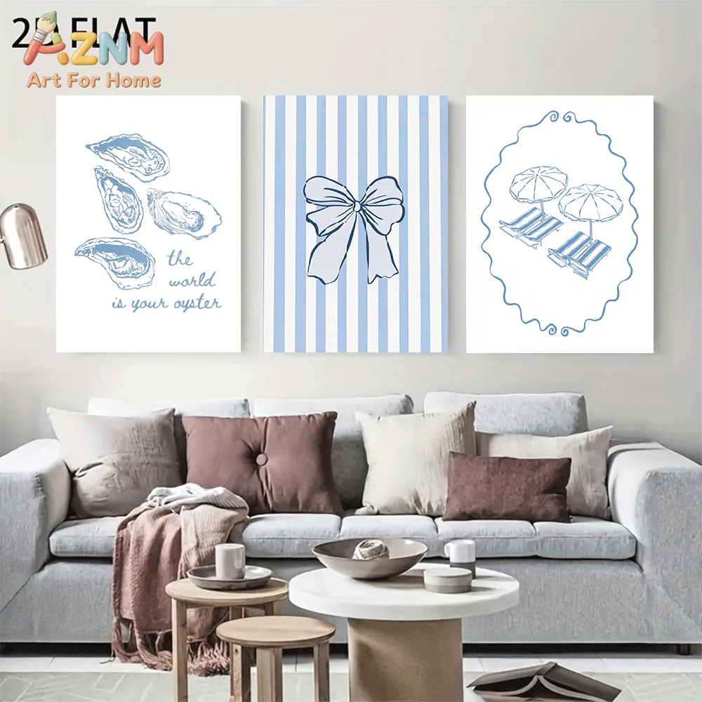 AZNM Coastal Coquette Canvas Wall Art, Oyster The World Is Your Oyster Blue Striped Bow Beach Lounge Chair Print Frameless Poste