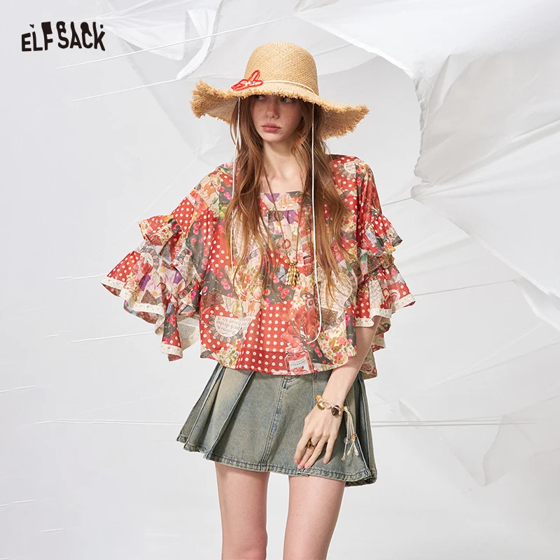 ELFSACK Polka Dot Floral Print Chiffon Blouse, Ruffle Bell Sleeve Square Neck Flowy Top, Vintage Patchwork Summer Shirt