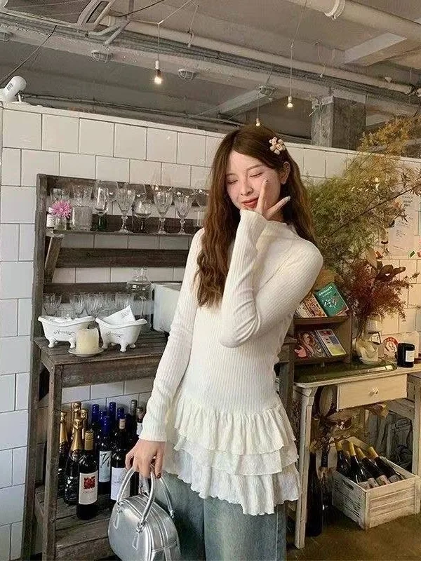 

Женская длинная футболка с высоким воротником, кружевной отделкой, базовый слой, нижнее белье, устойчивый к сминанию, облегающий базовый топ для повседневной носки