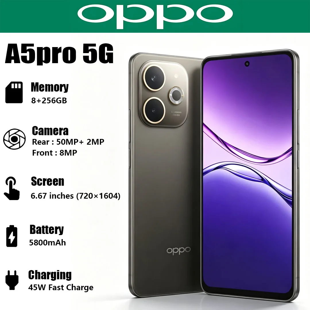 New OPPO A5 Pro 5G Global Version Mobile Phone 6.67" HD+ Screen‌ 5800mAh Battery 45W Fast Charge 50MP Camera Dual-SIM Smartphone