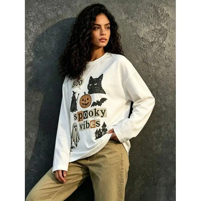 Women's Halloween Graphic Long Sleeve T-Shirt, Crew Neck Loose Fit Casual Top For Fall, Daily Wear, Halloween Parties