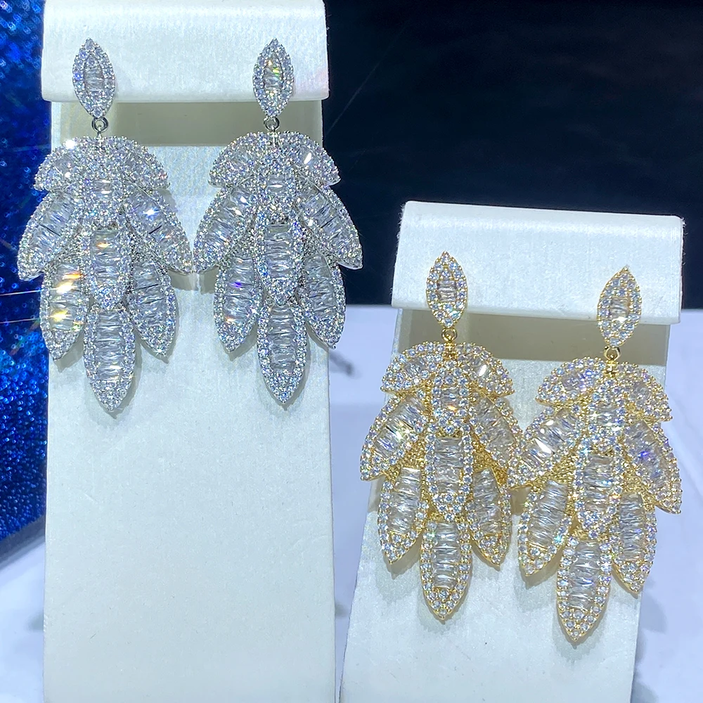 Trendy Gold Color With Silver Leaf Dangle Earrings For Women Luxury Cubic Zirconia Micro Setting Bridal Wedding Jewelry 00086