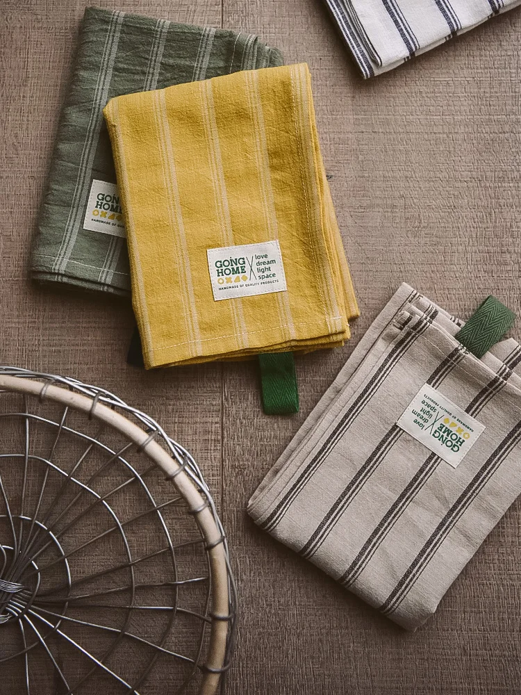 100% Cotton Cloth Napkins Tea Towel Retro Placemat Home Kitchen Use Mats 67cmX46cm Large Size Stripe Yellow Green Color 1 Piece