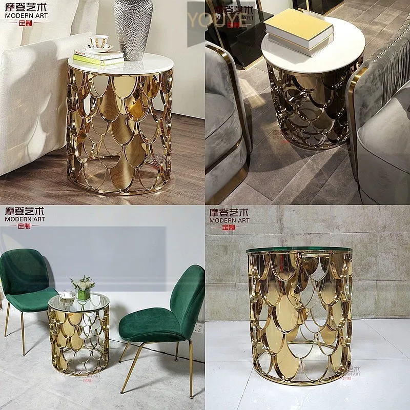 YT Light Luxury Nordic Sofa Side  Fish Scale Small Coffee Table Stainless Steel Corner Table Mobile Round