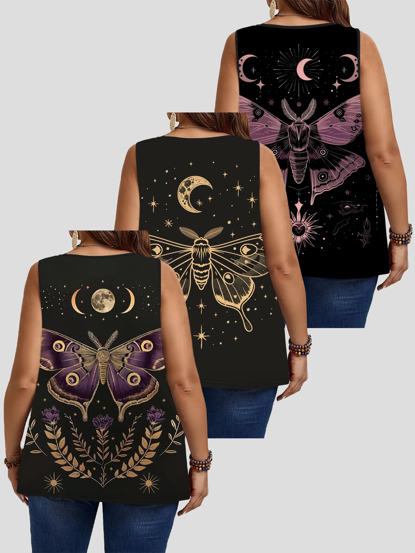 3-Piece Set of Plus-Size Women's Moon Phase Moth Starry Sky Art Print Tank Tops, Round Neck Loose Sleeveless Tops