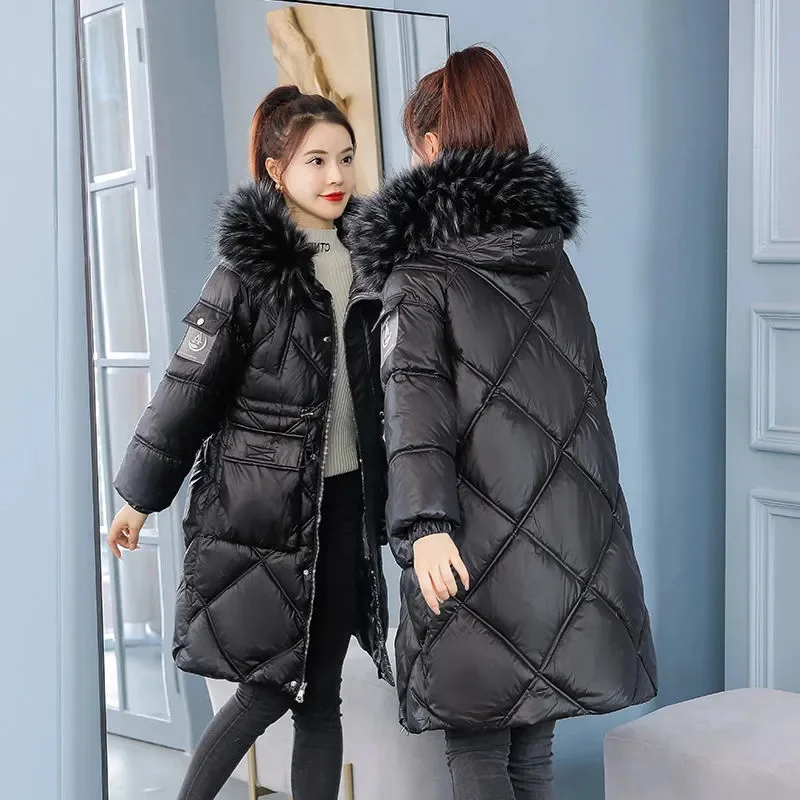 

2023 New Winter Jacket Parkas Women Glossy Down Cotton Jacket Fur Collar Hooded Parka Warm Female Jacket Casual Outwear