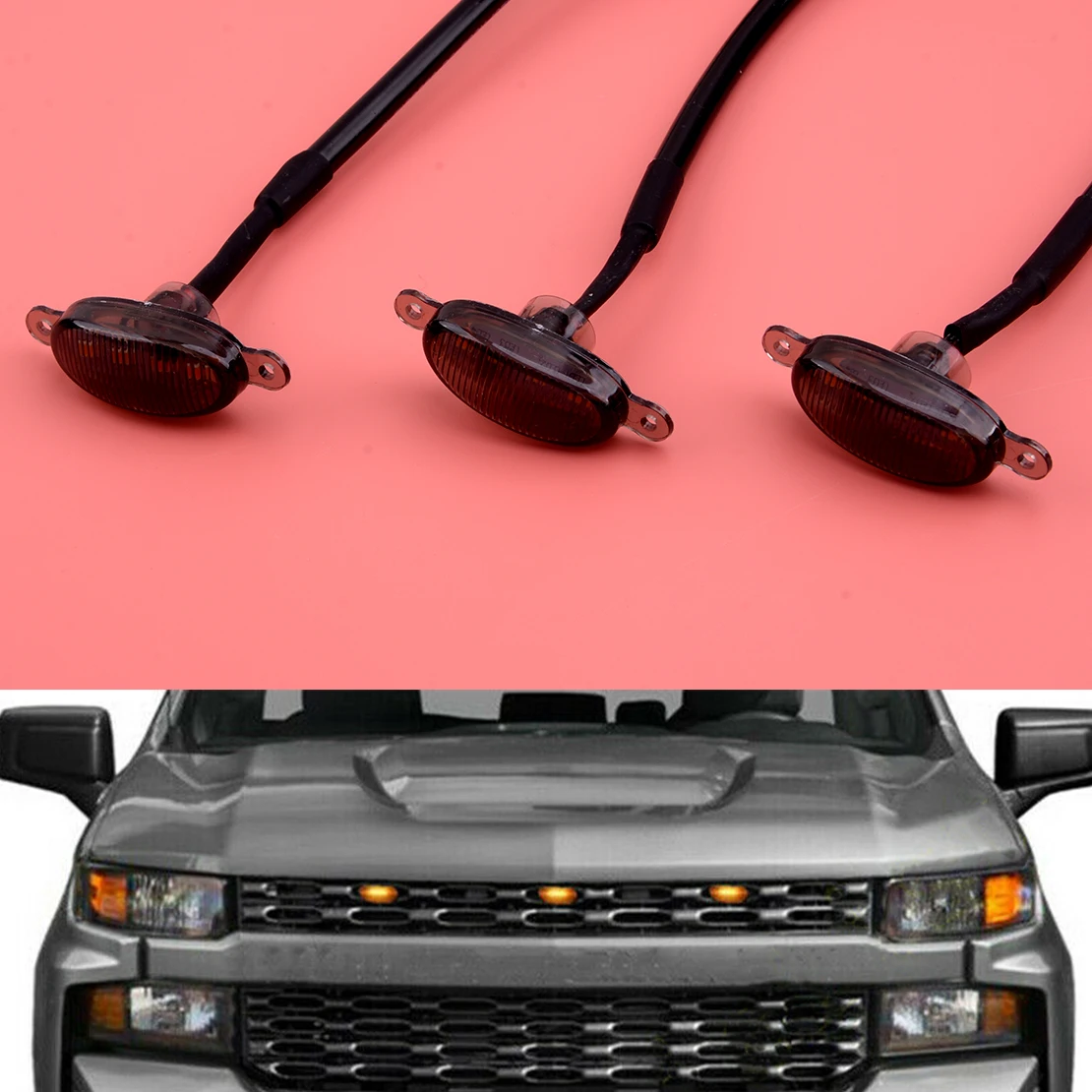 3Pcs Car Front Grille LED Light Grill Trim Smoked Lens Fit For Chevrolet Silverado 1500 2021 2020 2019 2018 2017