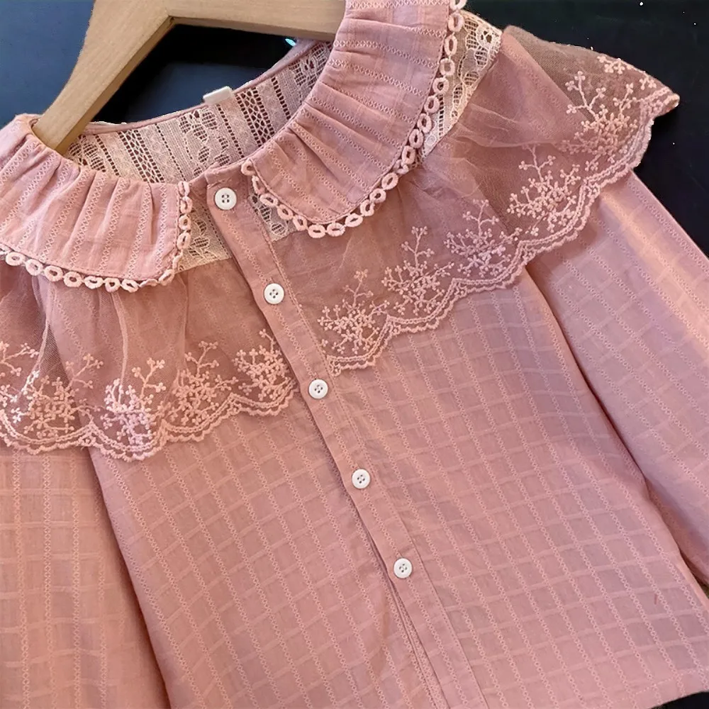 Baby Kids Outfits Girls Shirts Long Sleeve Pink Lace Blouses School Uniform Tops Teenagers Children Costumes  5 7 9 10 12 Years