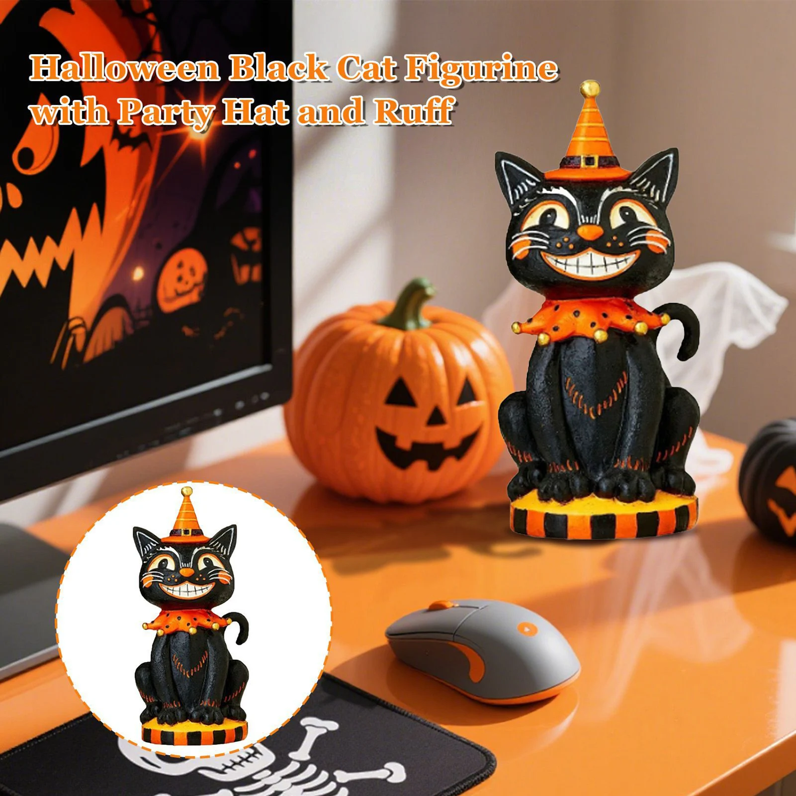 1pc Kitten Figurine Resin Material for Halloween Decor Creepy Cute Clown Cat Statue Pumpkin Lantern Home Ornament Durable