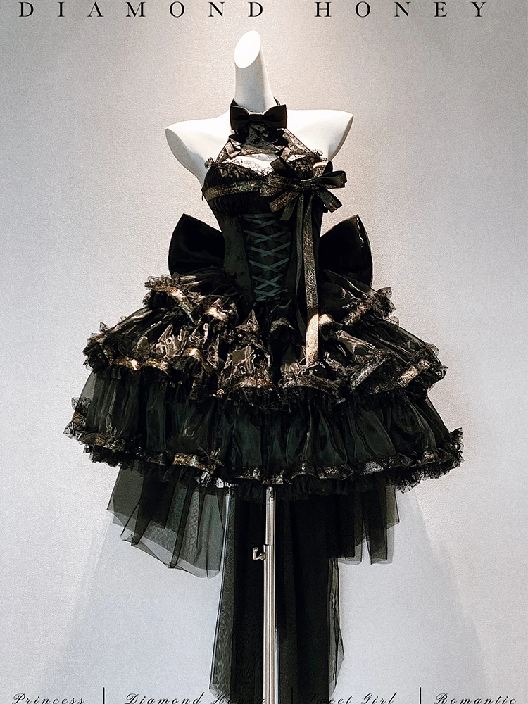 Romantic Sashes Black Gothic Lolita Dress Grils Halter Neck Slim Gold Edge Princess Bow Ties Cute Lolita Ball Gown Dresses