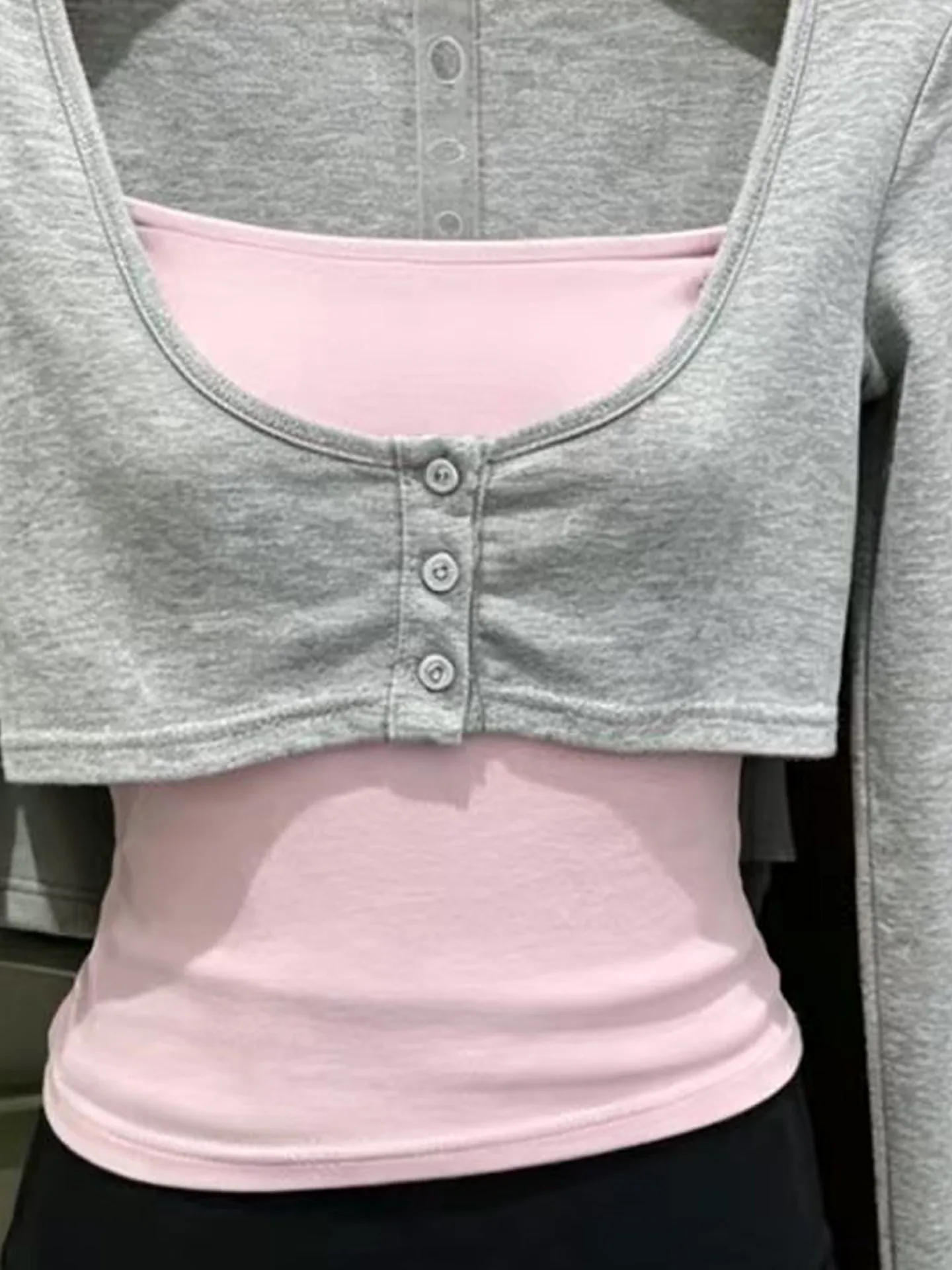 Gray Long Sleeve Open Cardigan Pure Color Inner Wear Two Piece Set Women's Early Autumn New Super Beautiful Top Commute Style