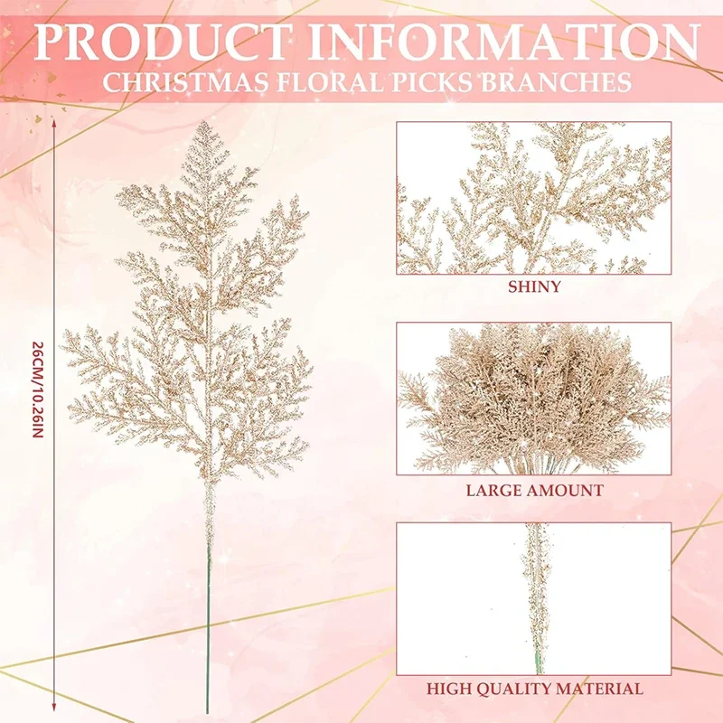 Glitzernde Künstliche Kiefernnadel-Zweige 5/10 Stück Weihnachtsbaum-Kranz DIY Blattwerk-Stiele Heim-Party Weihnachtsgirlande Deko-Ornamente – Detail 2