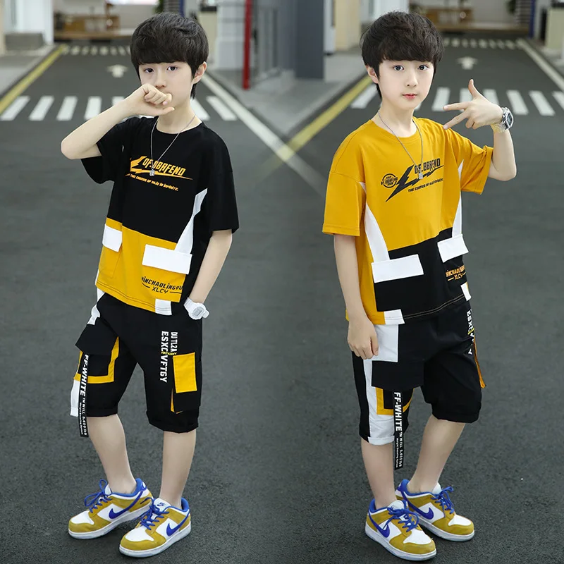 Boy Summer Clothing Sets 2023 New Fashion O-Neck Patchwork Multiple Pockets Casua 2 Pieces Teenager Clothes Outfits 120-170