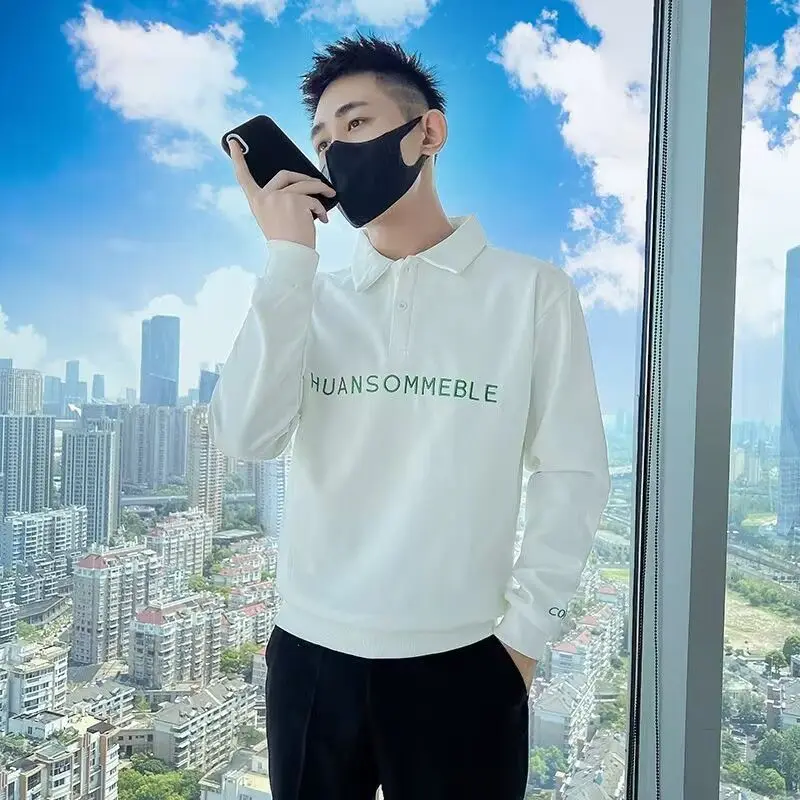 Camisa de Moda para Hombre con Cuello, Manga Larga, Iniciales Bordadas, Corte Ajustado, Estilo Urbano, Casual, para Primavera y Otoño