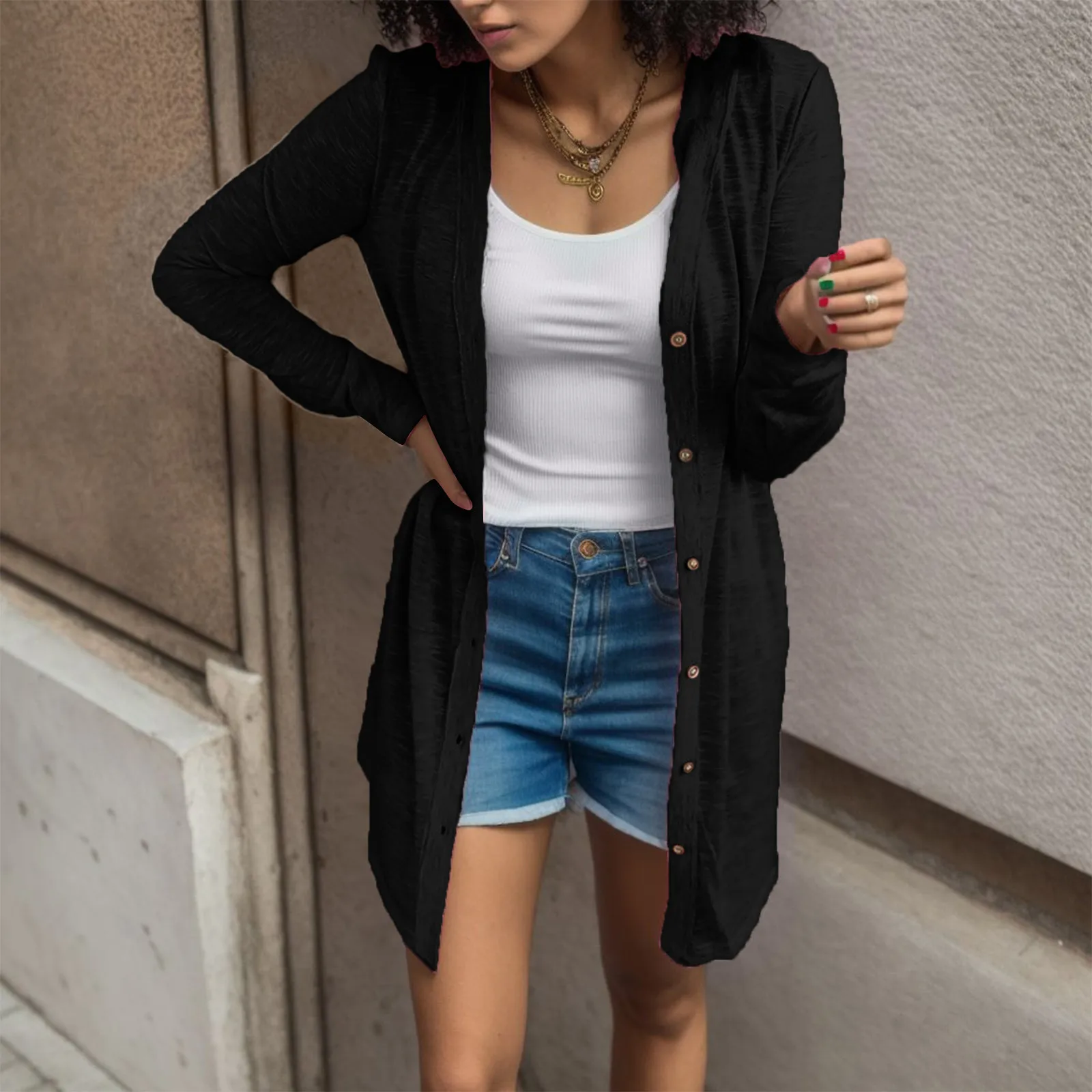 Plus Size Fashion Women Spring and Autumn Casual Tops Solid Color Long Sleeve Open Front Cardigan Coat Ladies Loose Blous