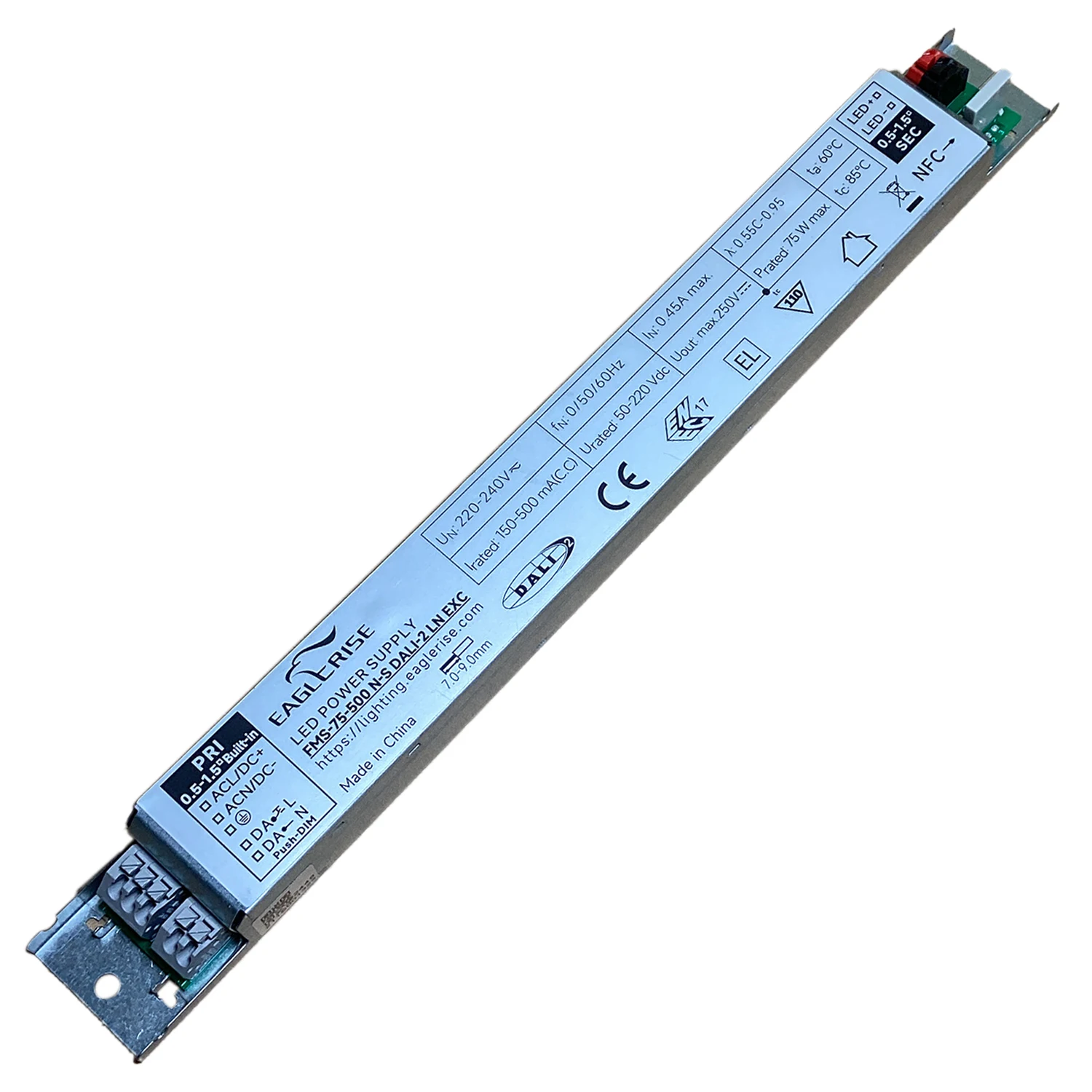 

75W 100W DALI PUSH Dimming Compact Linear LED Driver NFC Current Adjustable 150-500MA Urated 50-220Vdc Corridor Dim