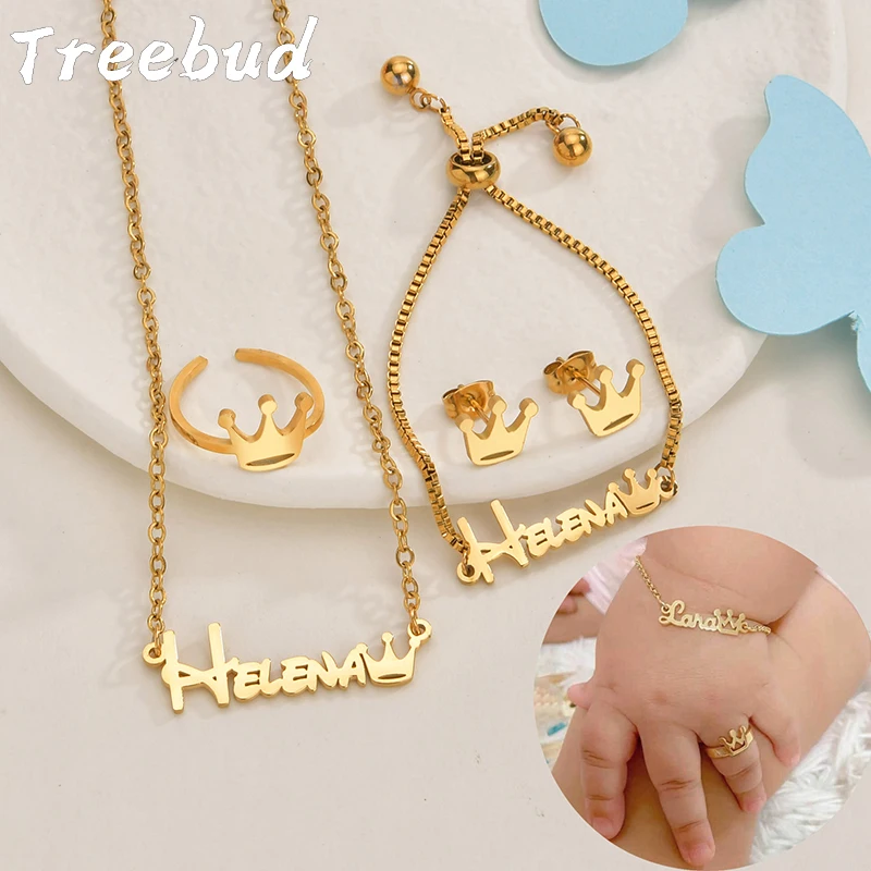 Treebud Custom Baby Name Jewelry Set Stainless Steel Personalized Necklace Ring Bracelet Earring Kids Jewelry Gifts