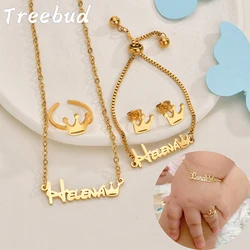 Treebud Custom Baby Name Jewelry Set Aço Inoxidável Colar Personalizado Anel Pulseira Brinco Crianças Jóias Presentes