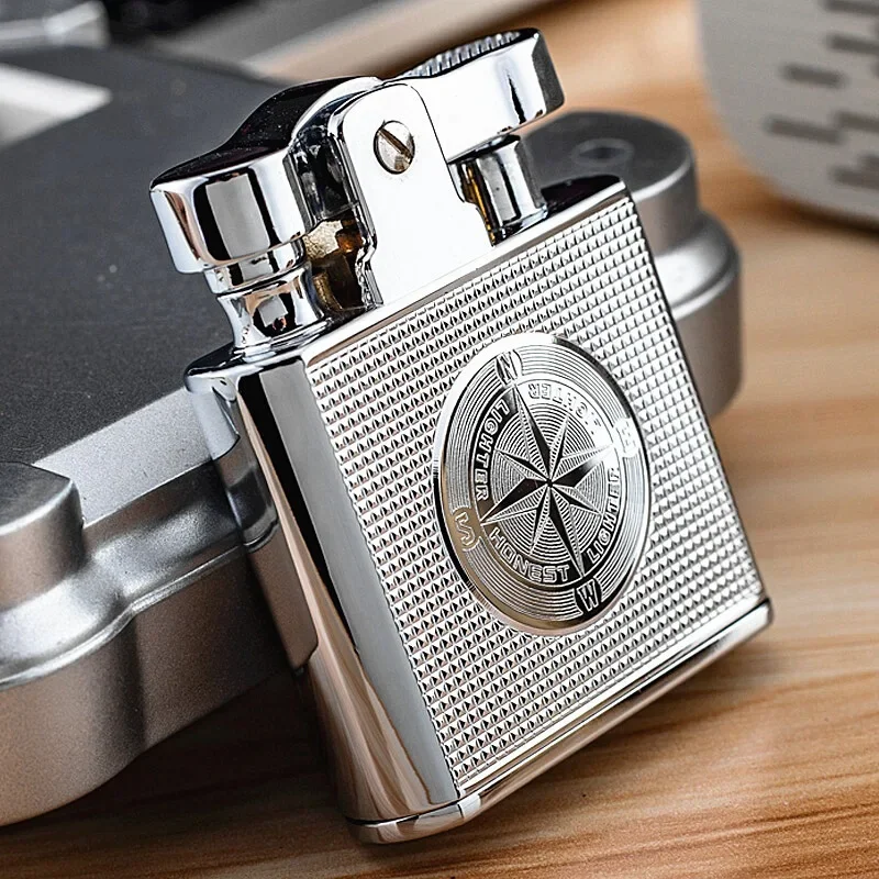 HONEST Creative Fuel Lighter, Retro Pressed Grinding Wheel Ignition, Embossed Compass Design, Metal High-end Gift for Men