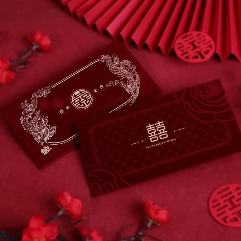 

6pcs Chinese Style Wedding Red Envelopes Flocking Paper Traditional Lucky Money Pockets Blessing Wine Red Gifts Packing Bags