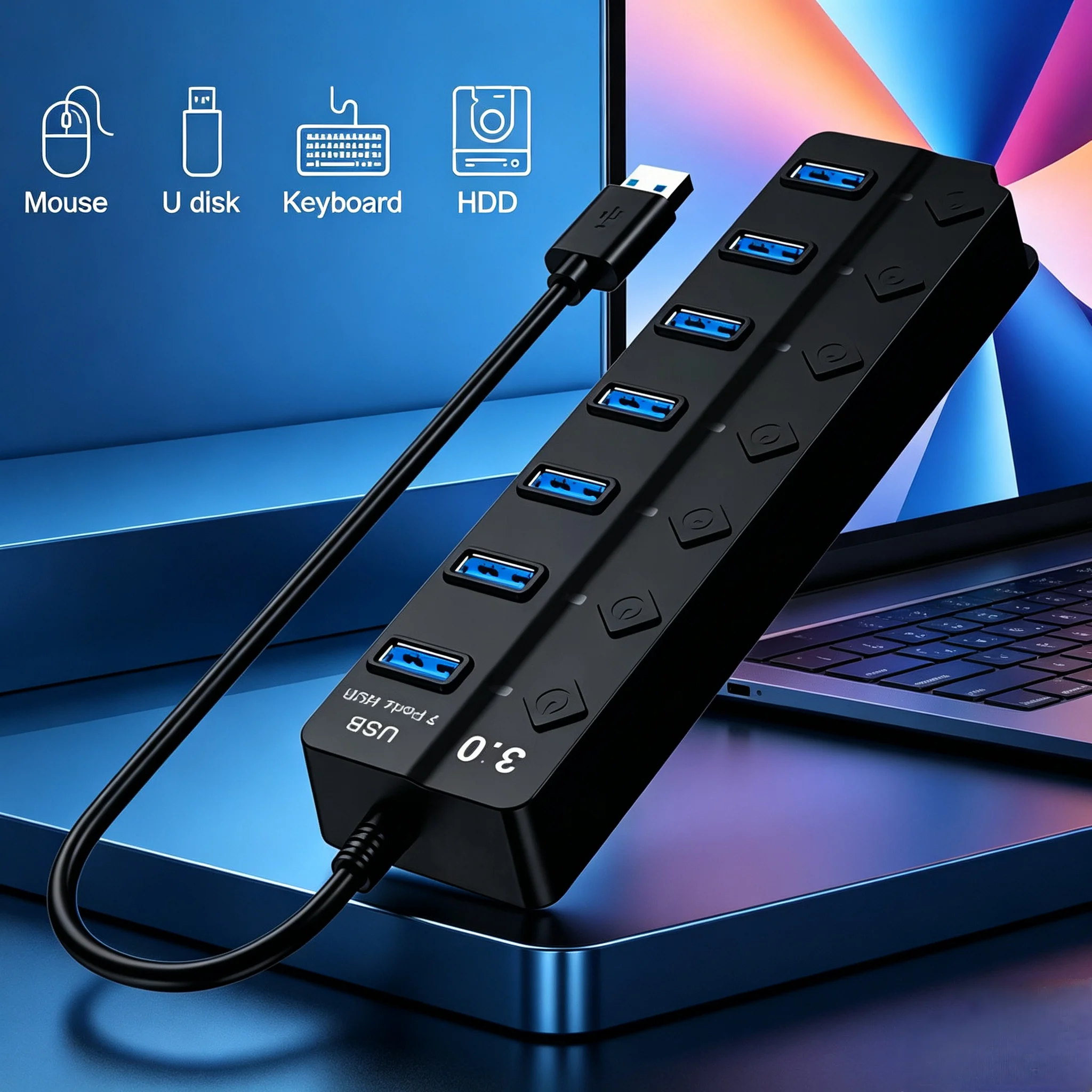 4/7-Port USB 3.0 Hub with LED Indicator, Individual Switch Control, Compatible with Laptops and Desktops