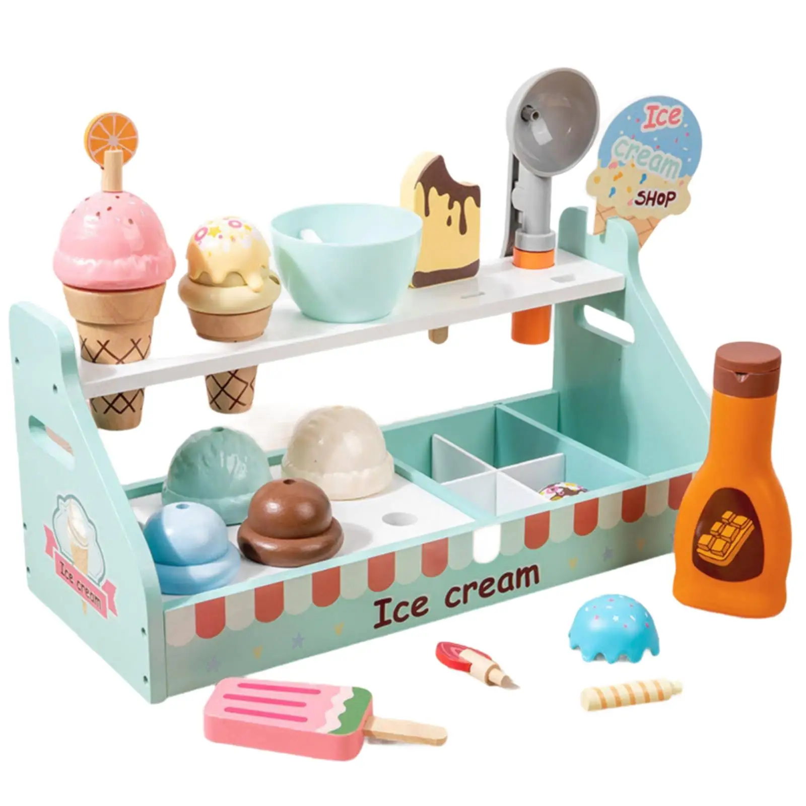 Wooden Ice Cream Stand Safe Toy Ice Cream Shop Sturdy for Playroom, Kids
